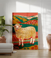 Colorful illustration of a fluffy sheep standing in a vibrant green, yellow, and red landscape with hills and trees. - Image 3