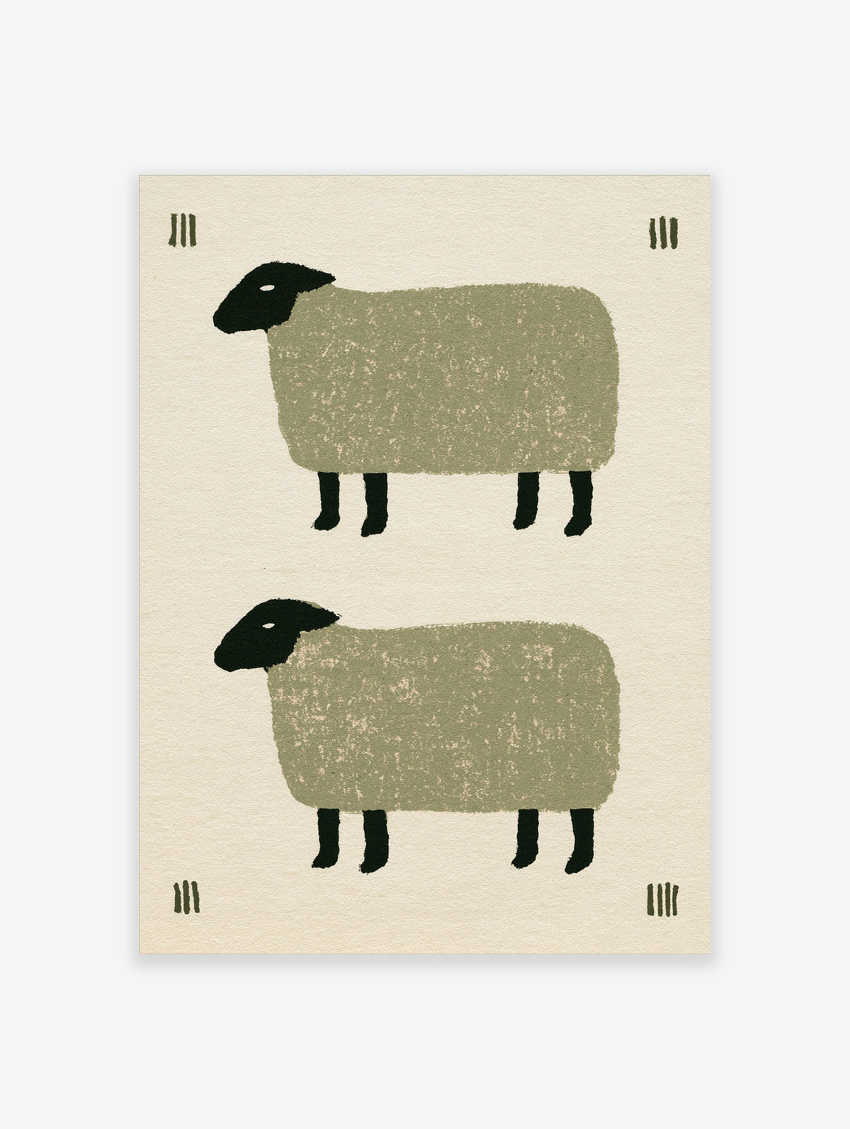 Minimalist folk art print featuring two stacked sheep with textured green bodies and black heads on a cream background