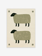 Minimalist folk art print featuring two stacked sheep with textured green bodies and black heads on a cream background