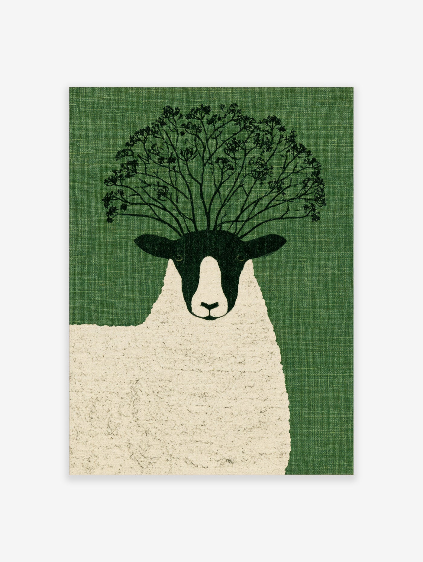 Surreal illustration of a sheep with tree branches as horns on a textured green background