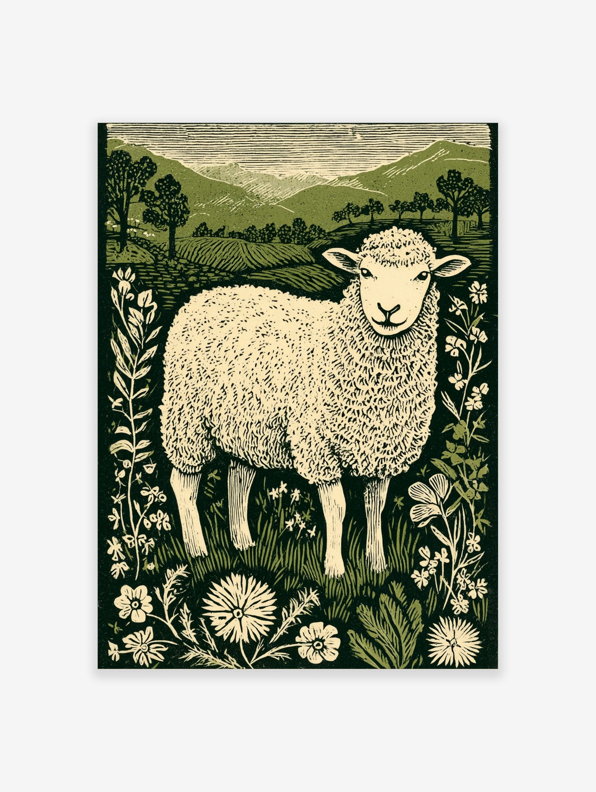 Linocut style print of a fluffy sheep in a field with wildflowers and green hills, green and cream palette