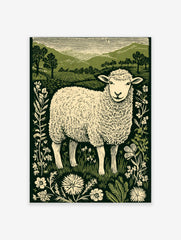 Linocut style print of a fluffy sheep in a field with wildflowers and green hills, green and cream palette