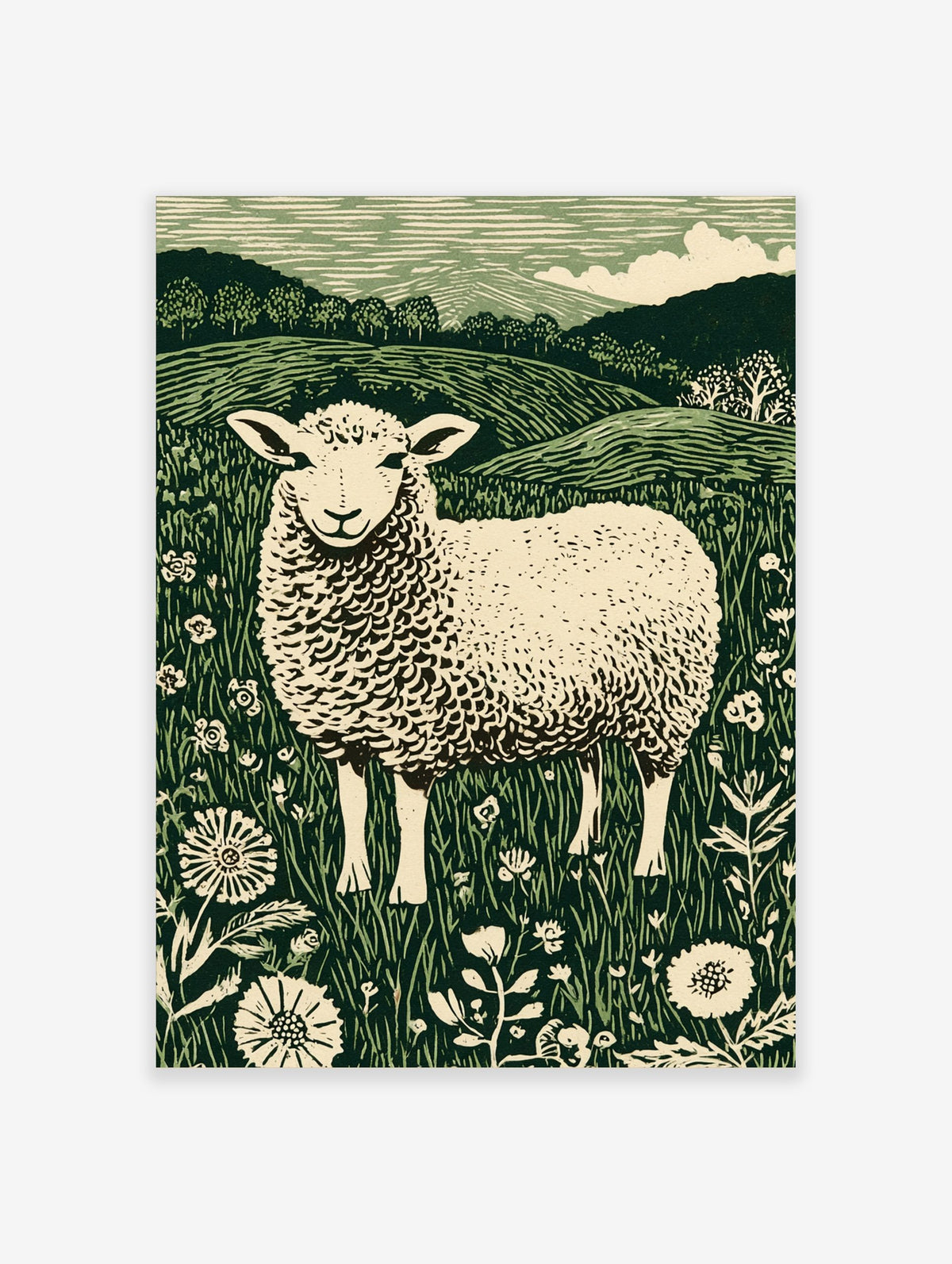 Illustrative green and white sheep in a field of flowers with hills and trees in background