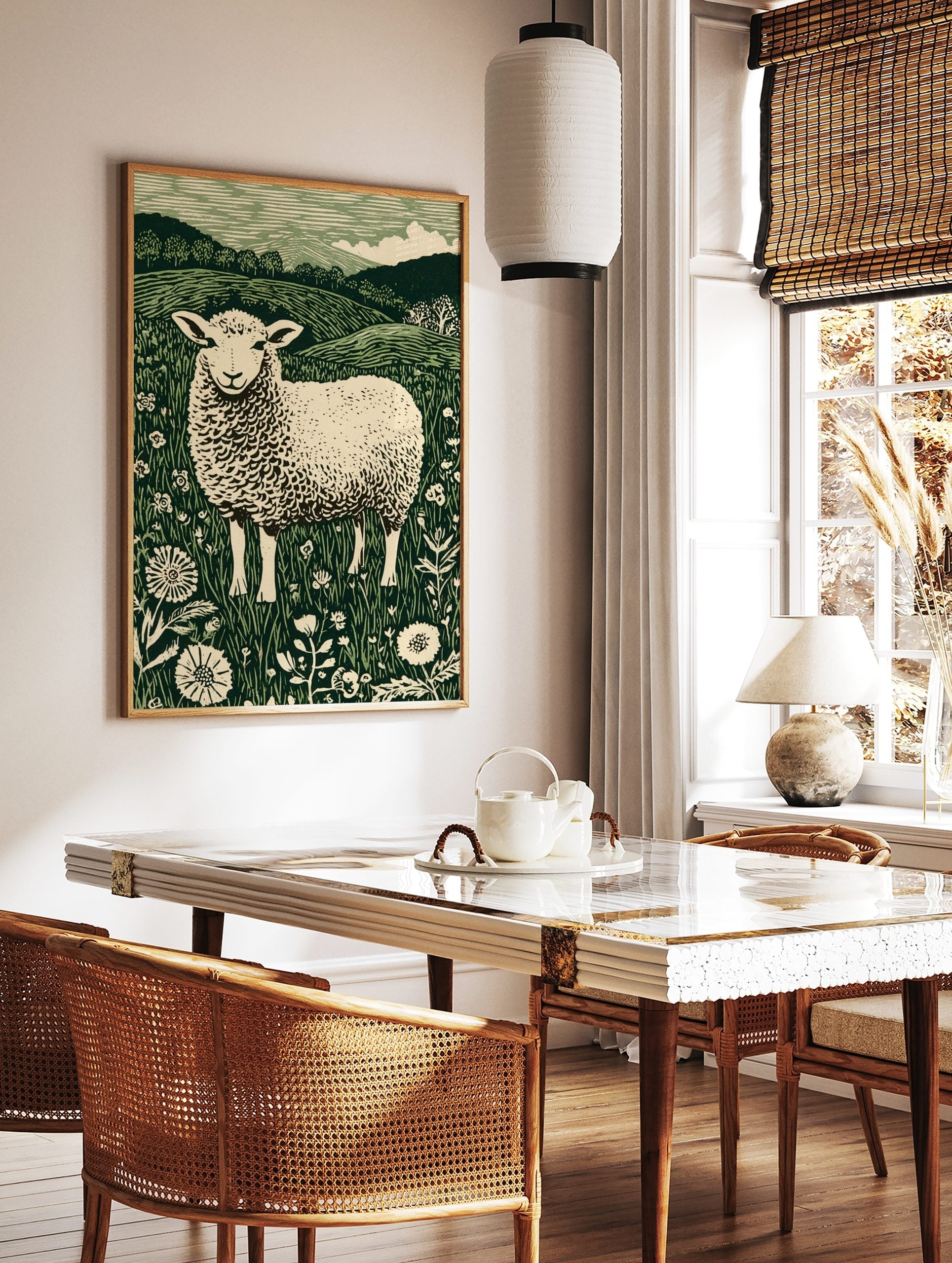 Illustrative green and white sheep in a field of flowers with hills and trees in background, in a styled room mockup