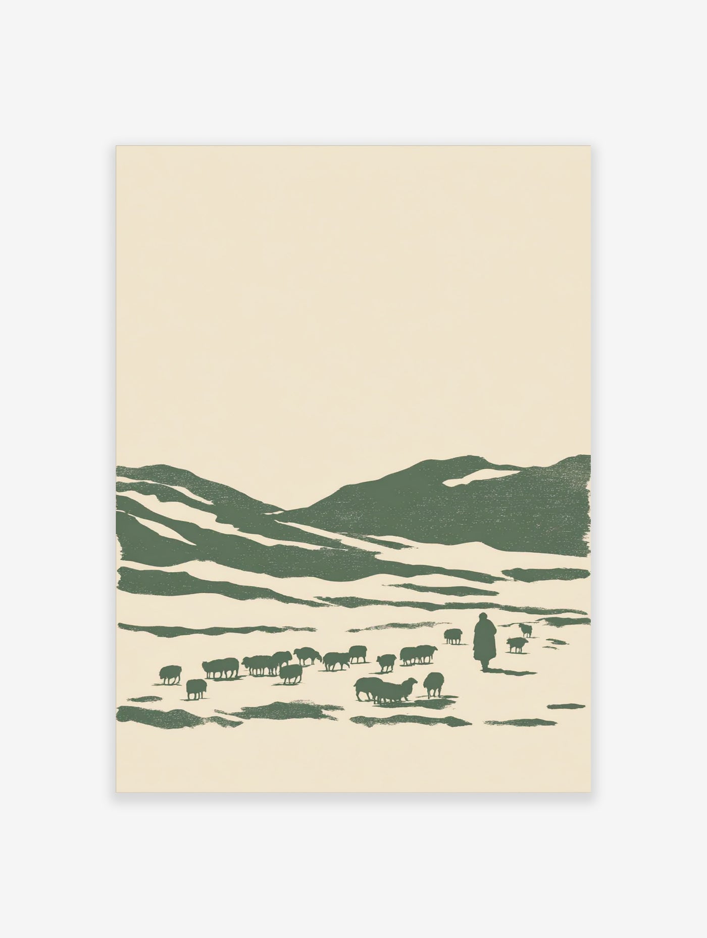 Minimalist green landscape print with shepherd and flock of sheep on cream background