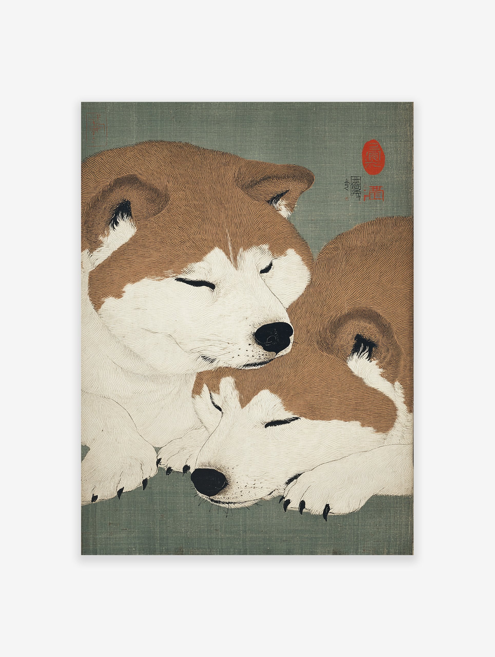 Japanese woodblock style art print featuring two sleeping brown and white Shiba Inu dogs on a green background.