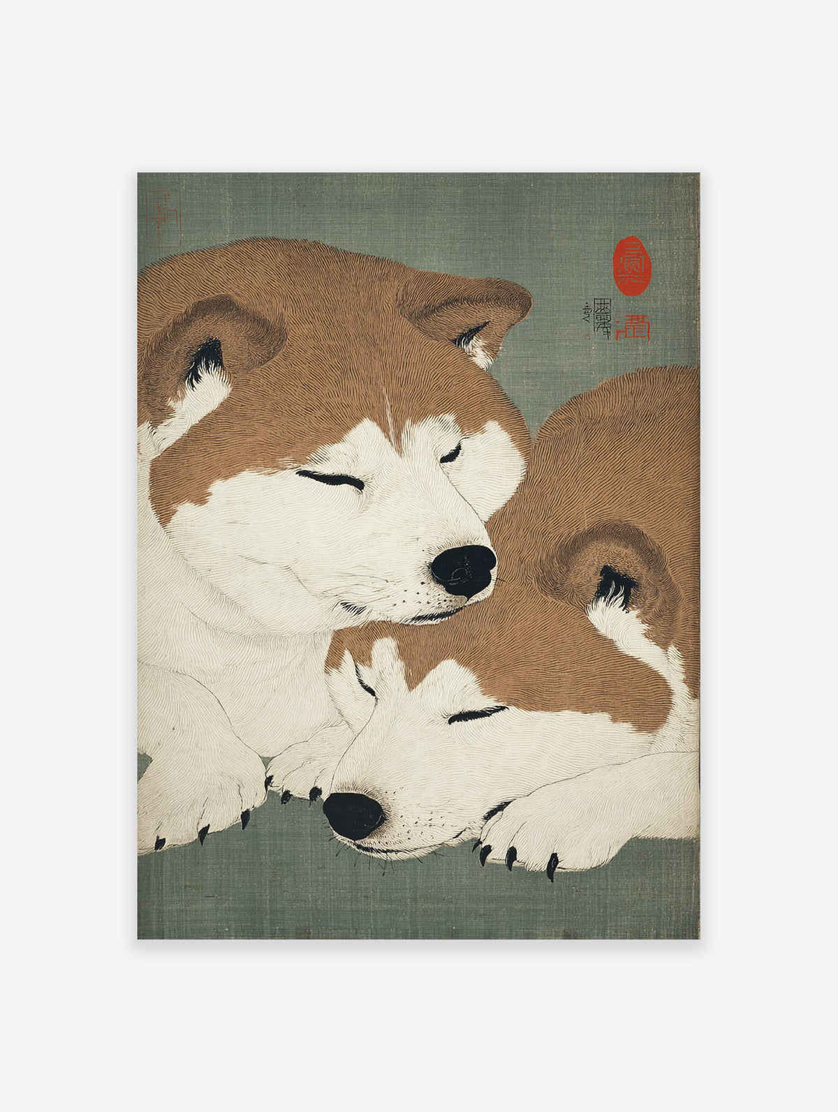 Japanese woodblock style art print featuring two sleeping brown and white Shiba Inu dogs on a green background.