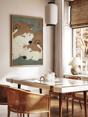 Japanese woodblock style art print featuring two sleeping brown and white Shiba Inu dogs on a green background. - Image 2