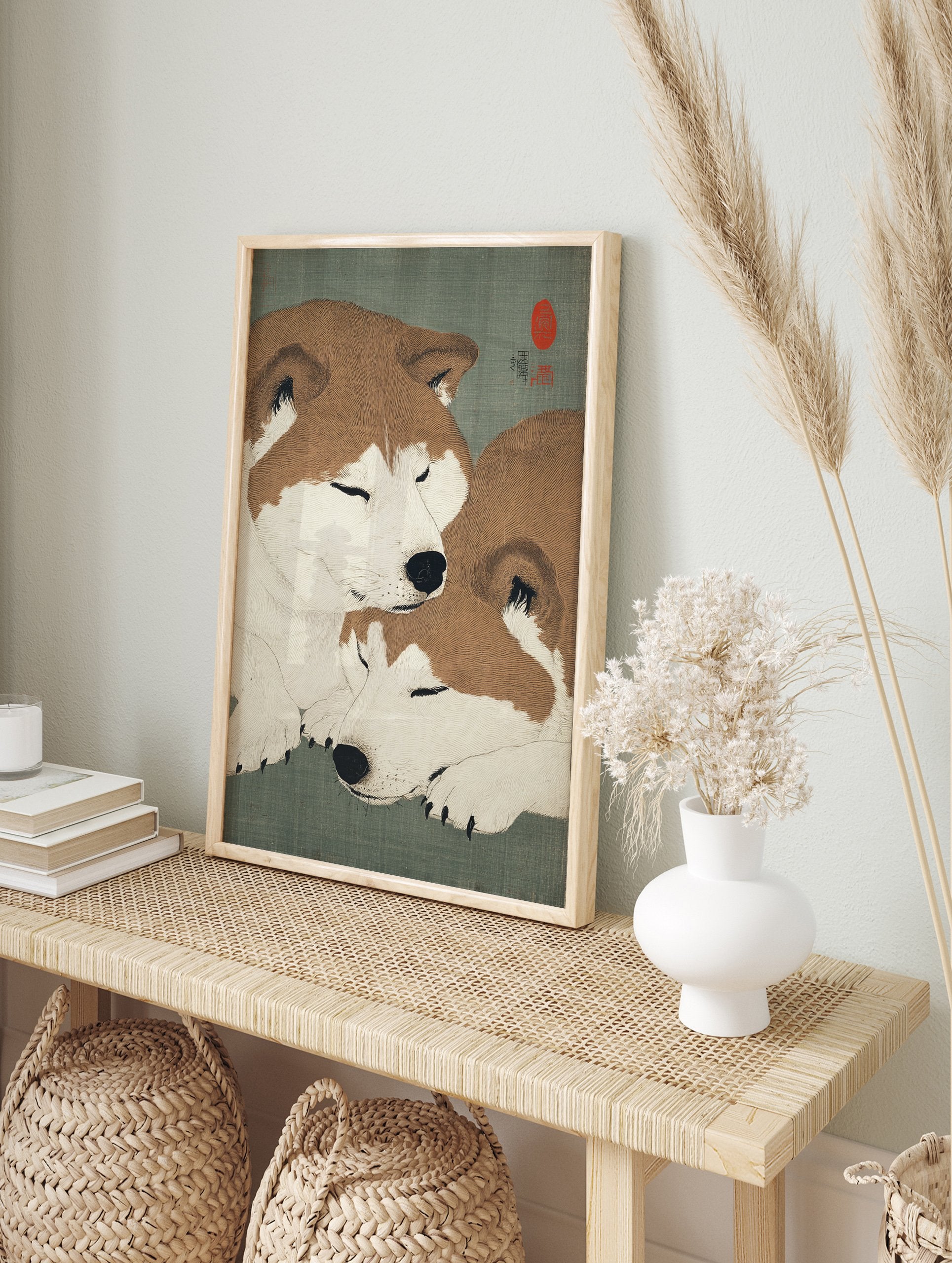 Japanese woodblock style art print featuring two sleeping brown and white Shiba Inu dogs on a green background. - Image 3
