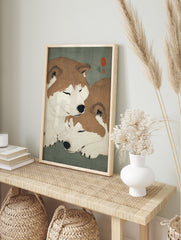 Japanese woodblock style art print featuring two sleeping brown and white Shiba Inu dogs on a green background. - Image 3