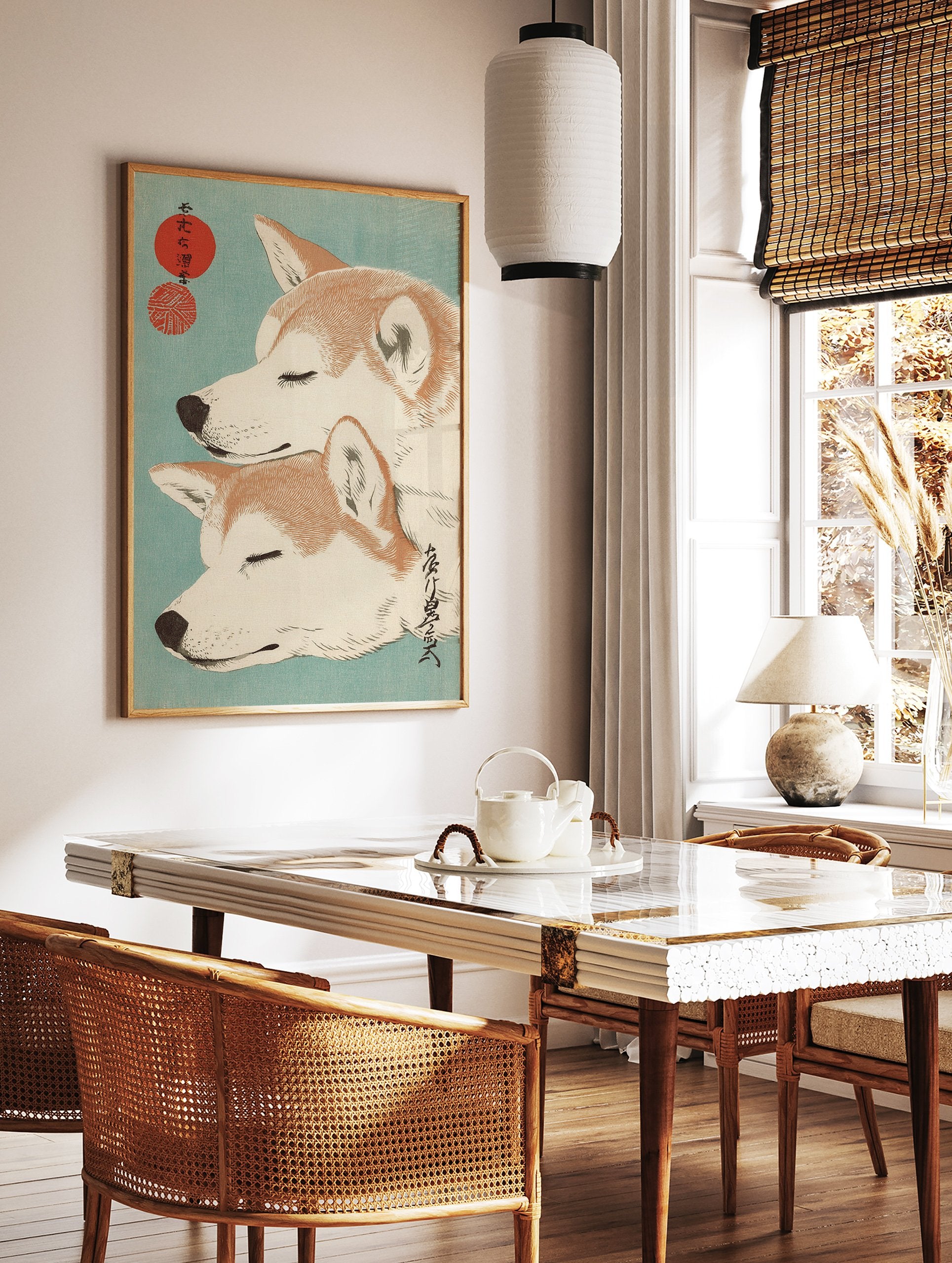 Two stacked Shiba Inu dogs with closed eyes in a Japanese Ukiyo-e style art print on a teal background with red circles. - Image 2
