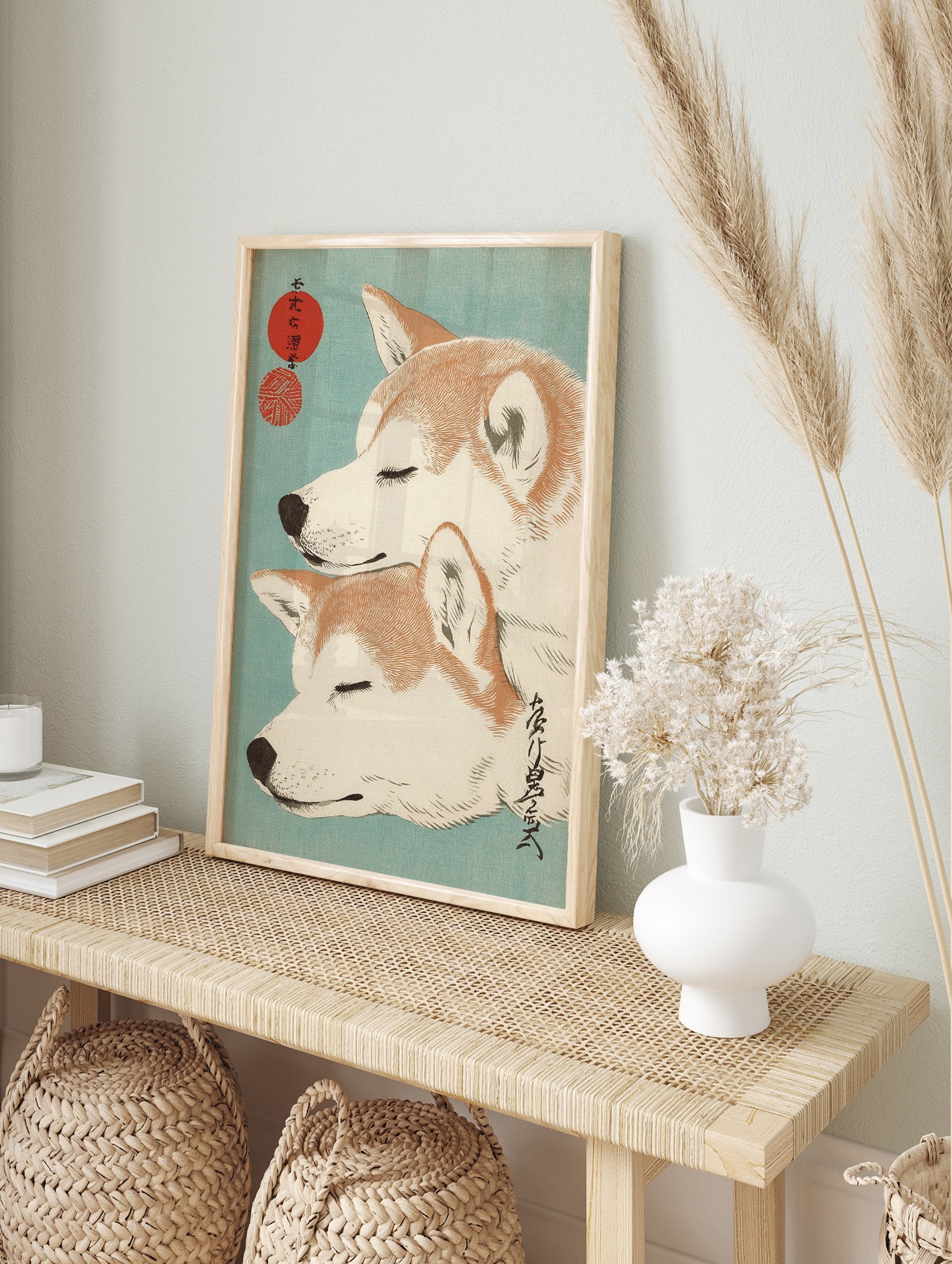 Two stacked Shiba Inu dogs with closed eyes in a Japanese Ukiyo-e style art print on a teal background with red circles. - Image 3