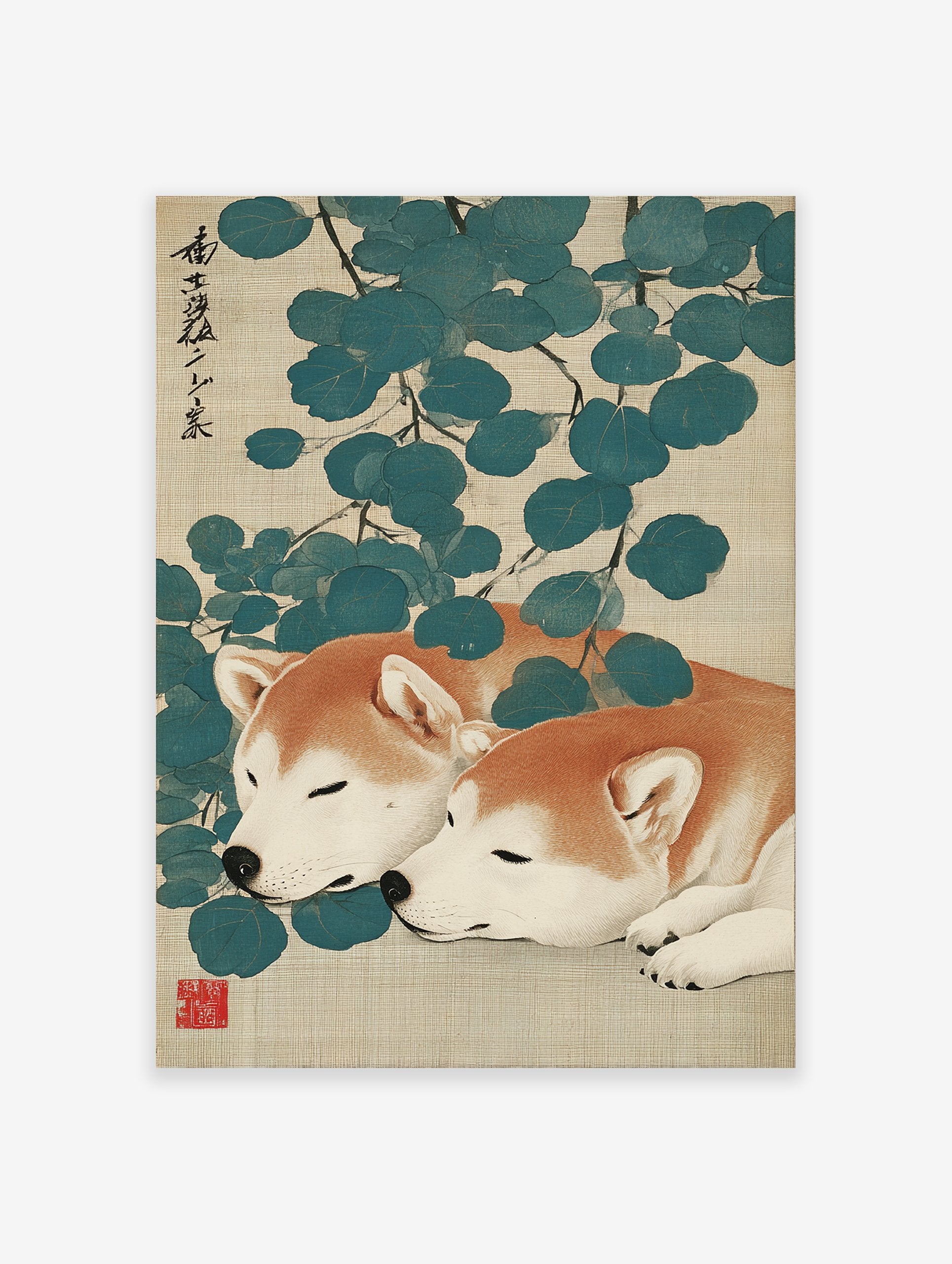 Japanese Shiba Inu wall art print depicting two sleeping orange and white dogs among blue-green leaves on a textured background.