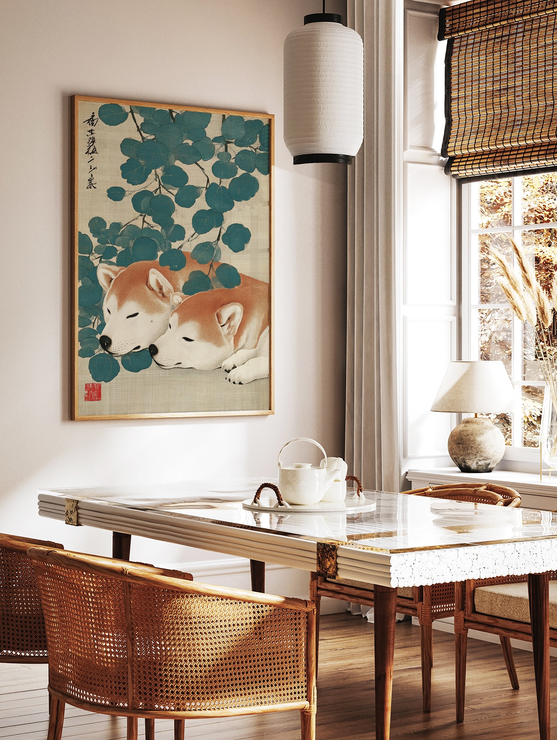 Japanese Shiba Inu wall art print depicting two sleeping orange and white dogs among blue-green leaves on a textured background. - Image 2