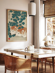Japanese Shiba Inu wall art print depicting two sleeping orange and white dogs among blue-green leaves on a textured background. - Image 2
