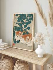 Japanese Shiba Inu wall art print depicting two sleeping orange and white dogs among blue-green leaves on a textured background. - Image 3