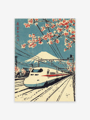 Japanese woodblock print of Shinkansen bullet train, Mount Fuji, and red cherry blossoms under a blue sky