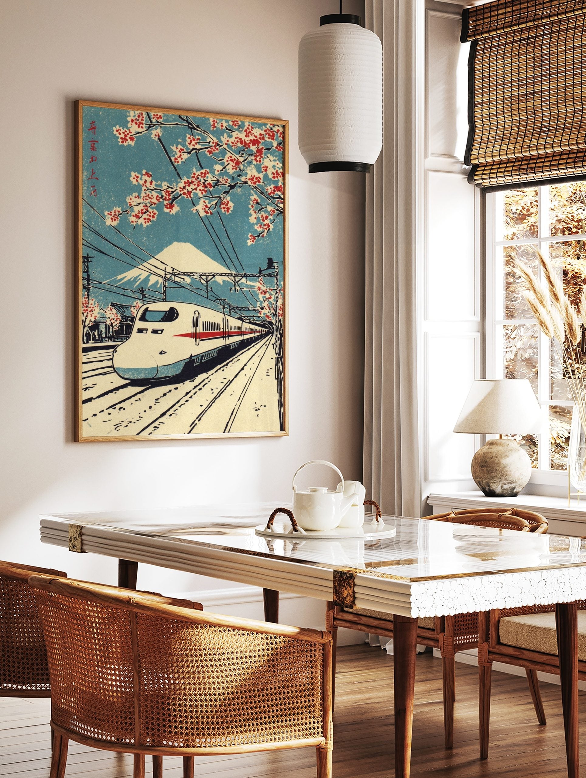 Japanese woodblock print of Shinkansen bullet train, Mount Fuji, and red cherry blossoms under a, in a styled room mockup