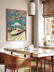 Japanese woodblock print of Shinkansen bullet train, Mount Fuji, and red cherry blossoms under a, in a styled room mockup