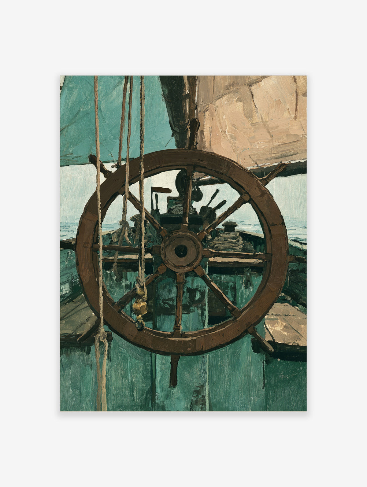 Ship's wheel poster with wooden helm, teal deck, and cream sails in oil-paint style
