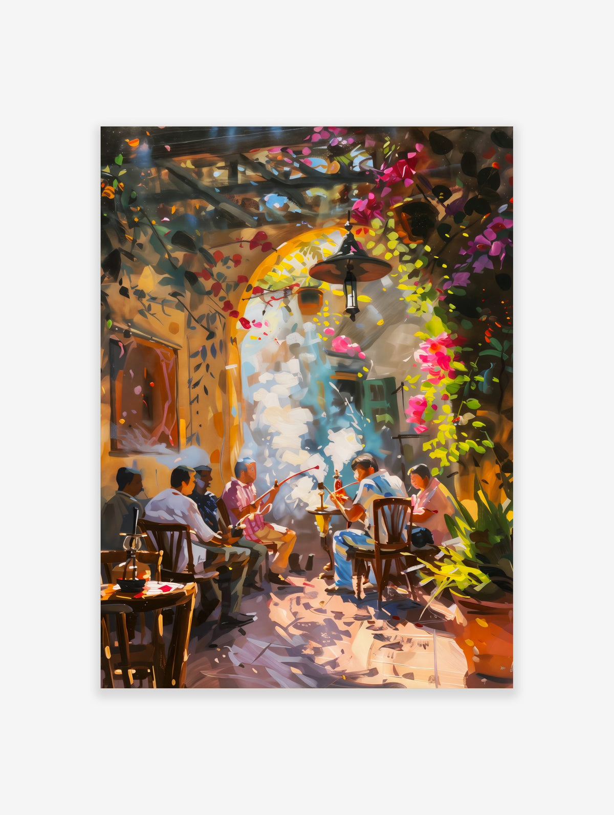 Impressionistic shisha cafe wall art with men smoking hookahs under an archway with vibrant pink and green flowers