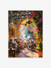 Impressionistic shisha cafe wall art with men smoking hookahs under an archway with vibrant pink and green flowers