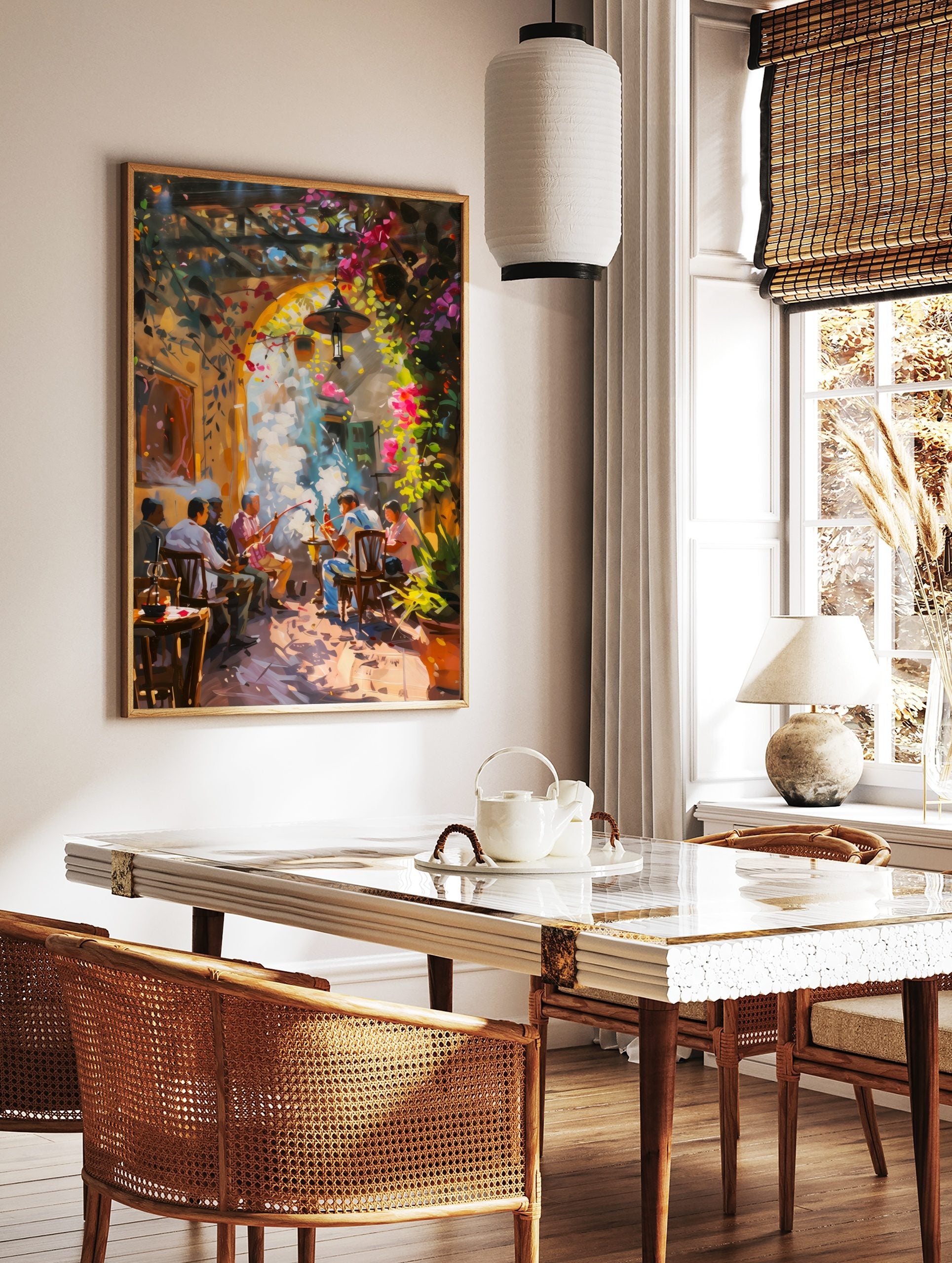 Impressionistic shisha cafe wall art with men smoking hookahs under an archway with vibrant pink and green flowers, in a