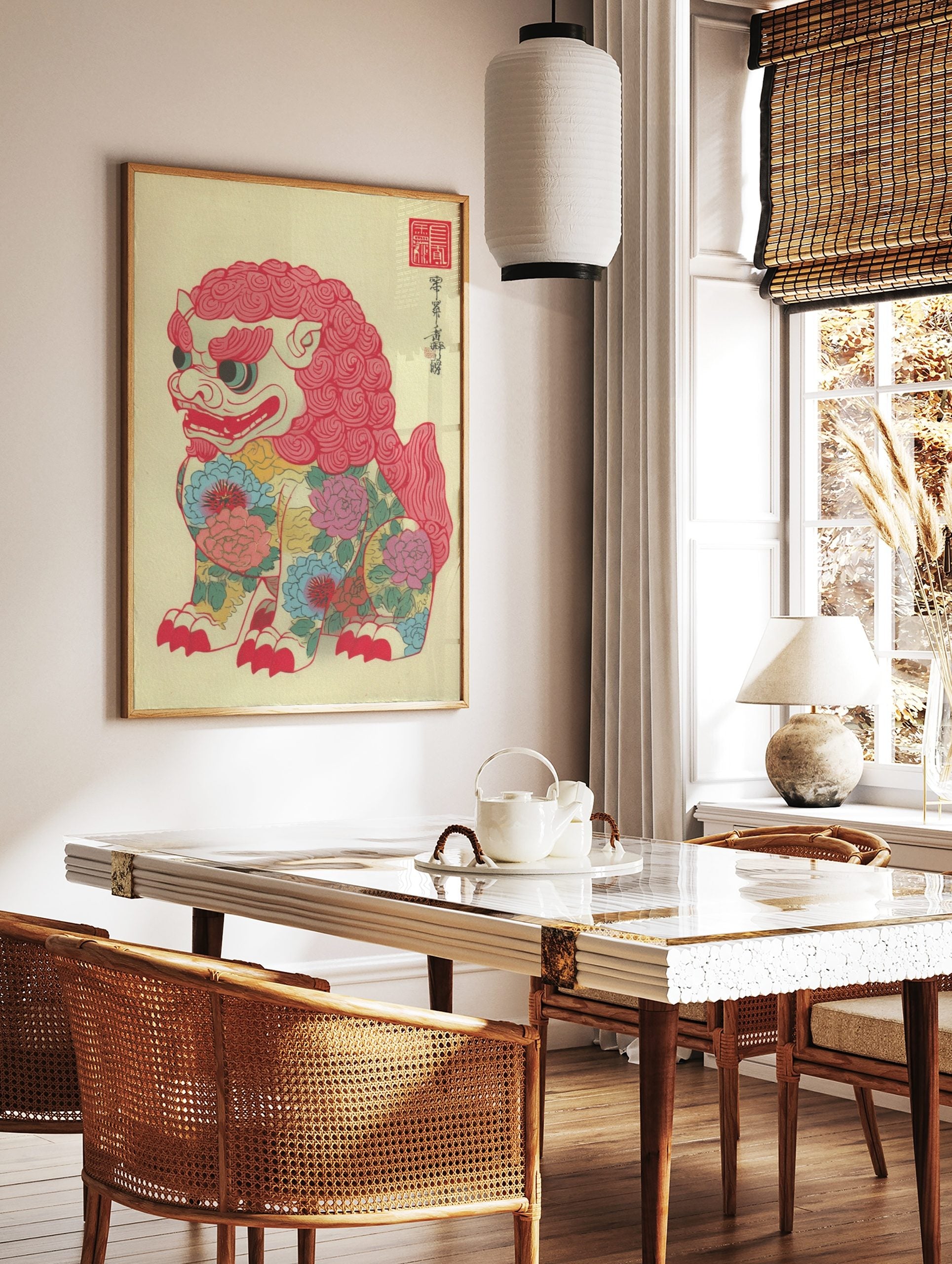 Colourful Shishi guardian lion art print with pink mane, blue and pink floral tattoo pattern on a, in a styled room mockup