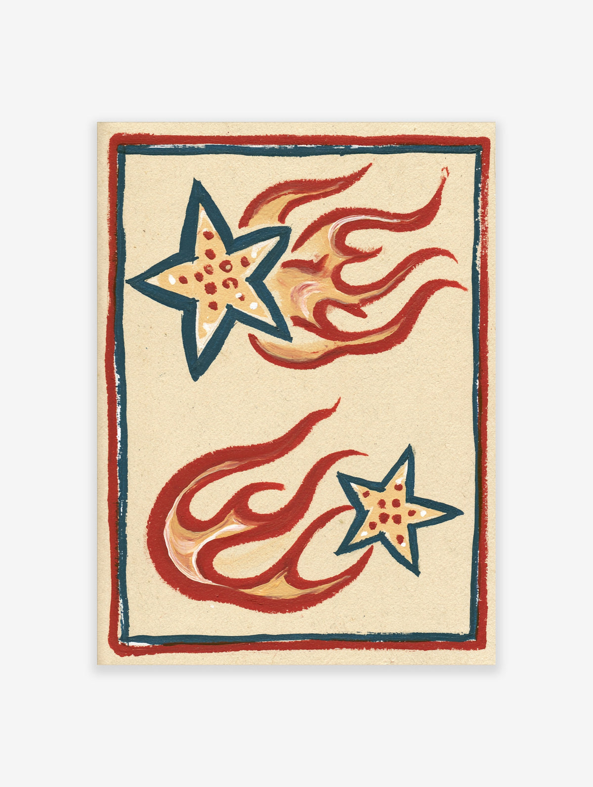 Two five-pointed stars with red flames on beige background, shooting star wall art print
