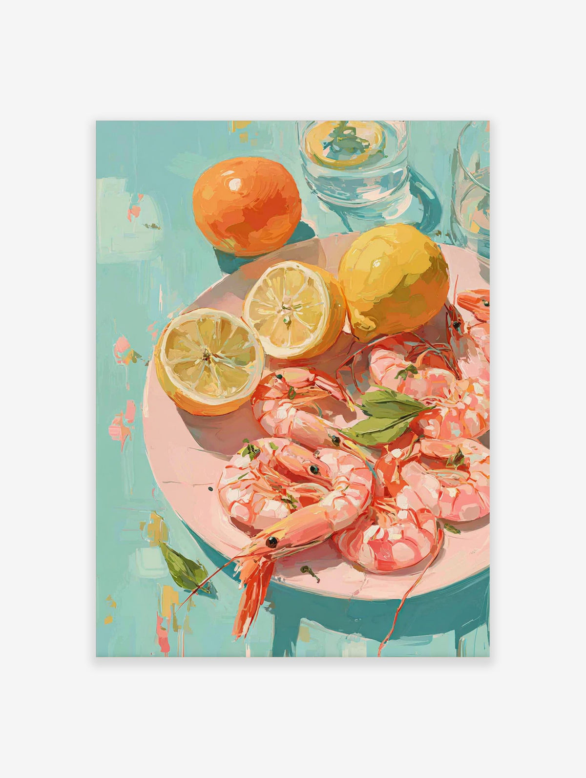 Illustrative print of pink shrimp, yellow lemons, and orange fruits on a pink plate against a teal background