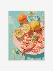 Illustrative print of pink shrimp, yellow lemons, and orange fruits on a pink plate against a teal background