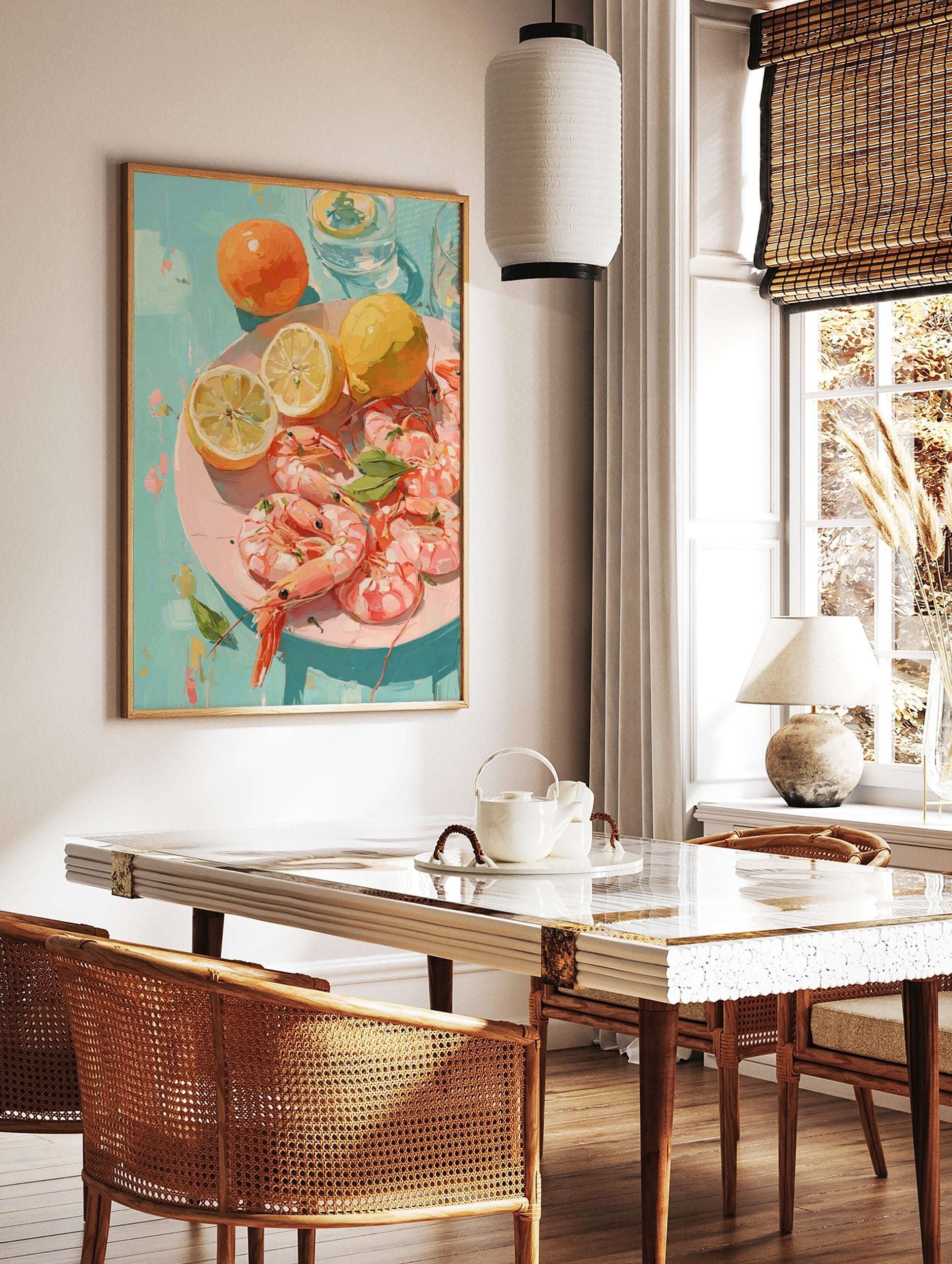 Illustrative print of pink shrimp, yellow lemons, and orange fruits on a pink plate against a teal, in a styled room mockup