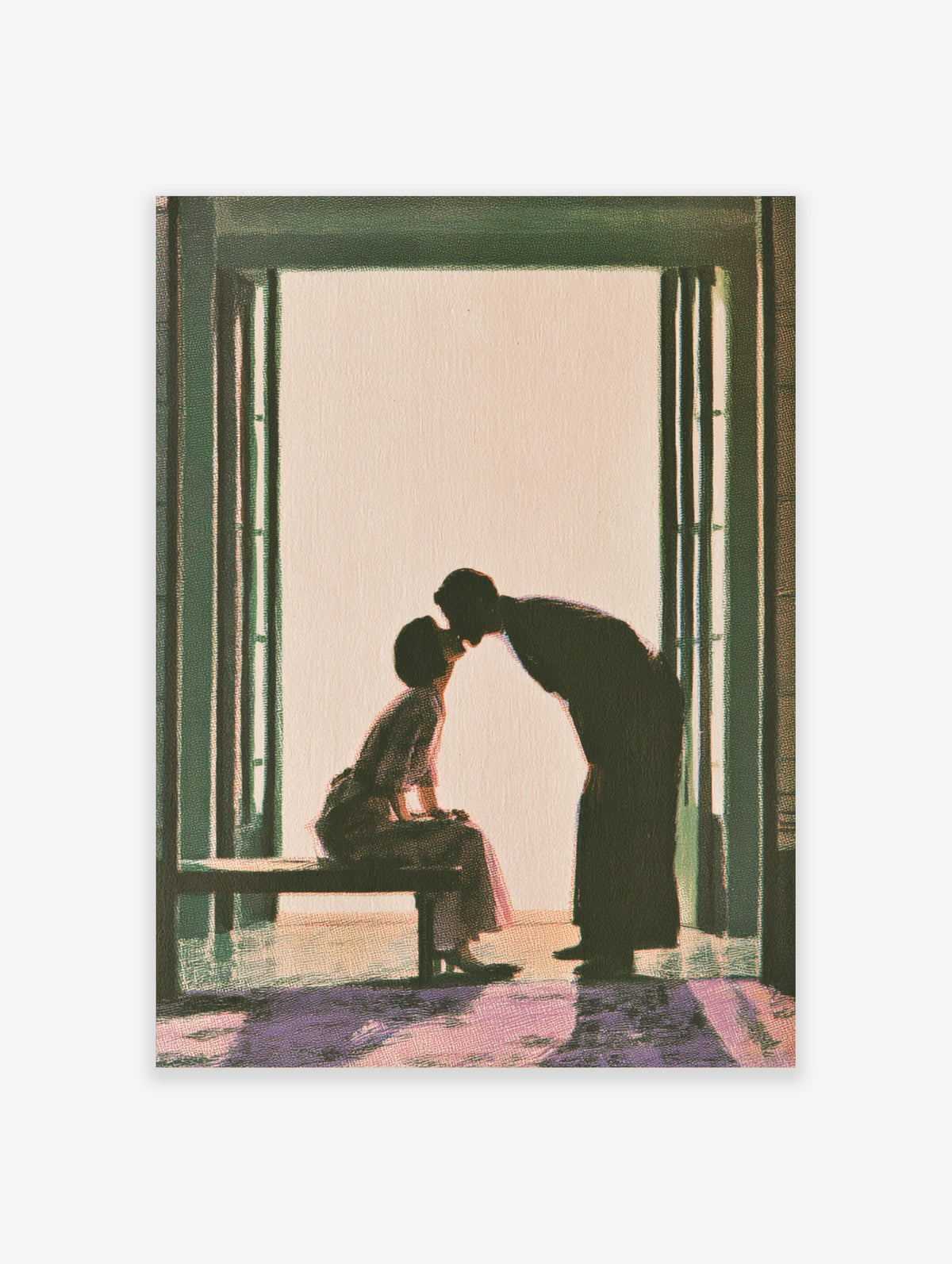 Silhouette couple kissing poster with seated woman and standing man in a bright doorway, green frame edges
