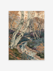 Watercolour painting of silver birch trees and a winding stream in an autumn forest landscape
