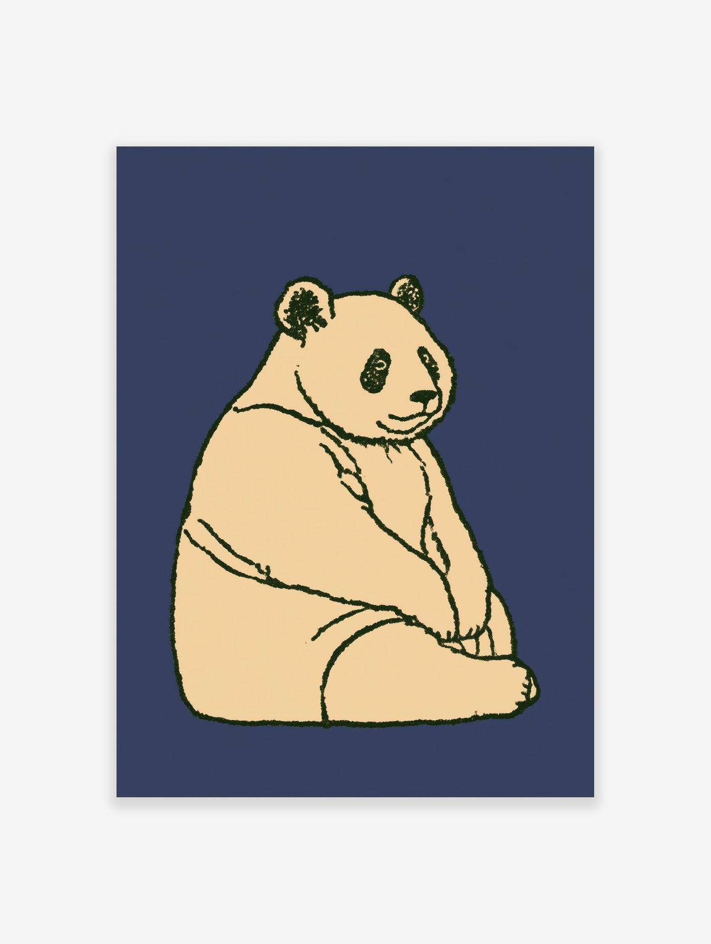 Minimalist illustrative panda sitting on a deep blue background with cream and dark green colours