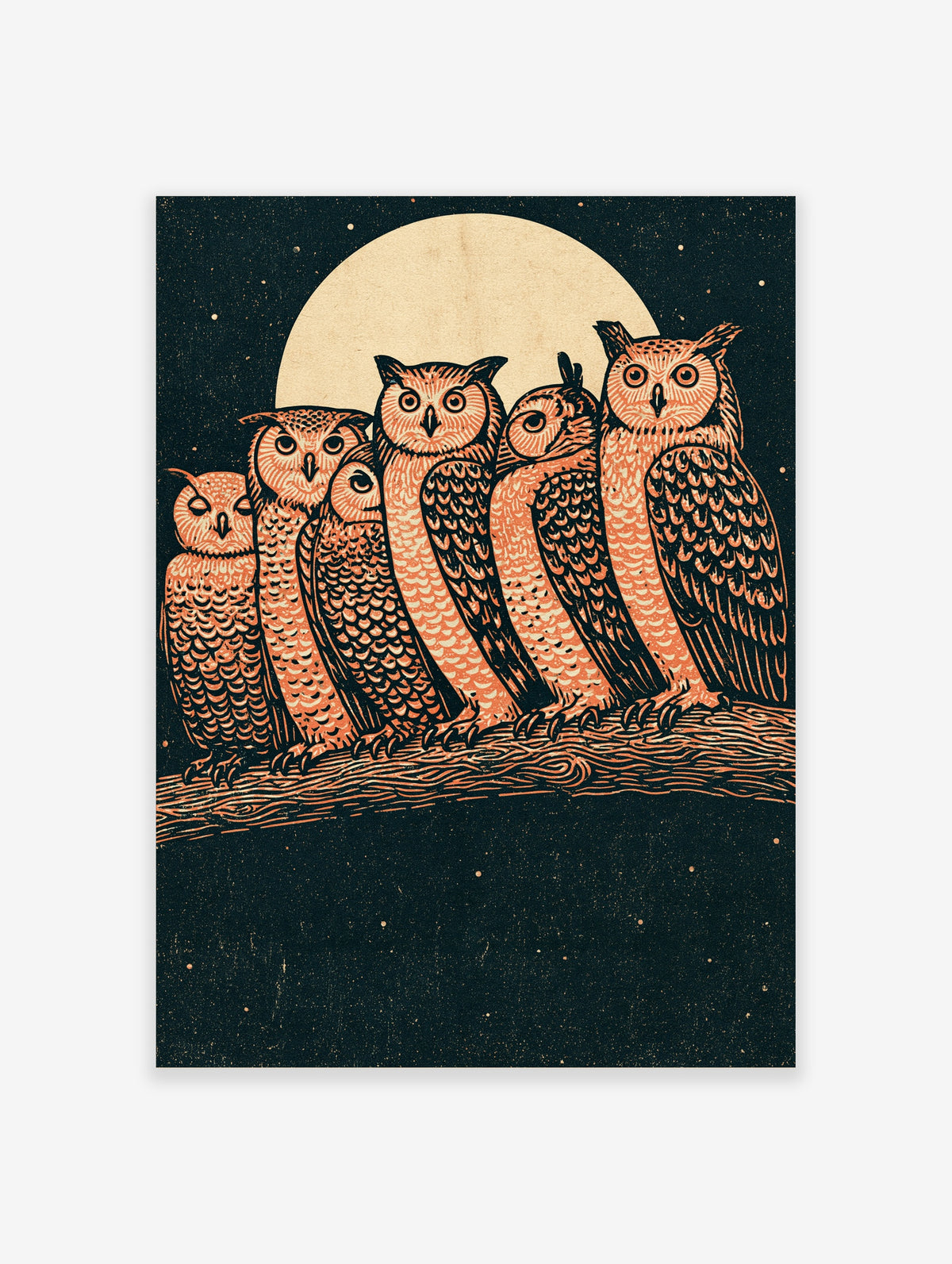 Six owls on a branch under a full moon in a starry night sky, orange and black linocut style illustration