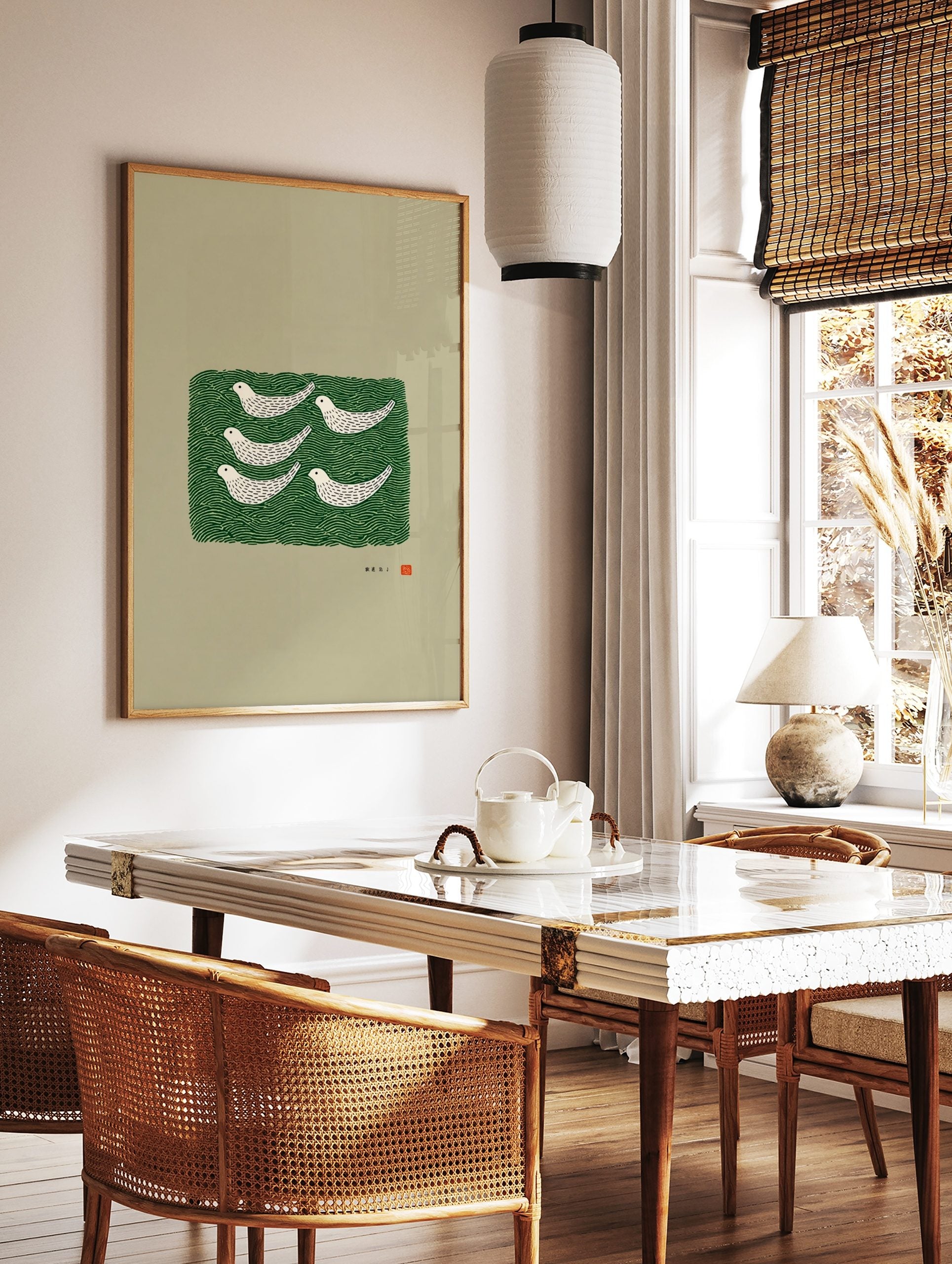 Six white stylised birds on a dark green wavy pattern, with Japanese text and red seal, on a beige, in a styled room mockup
