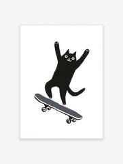 Whimsical black cat illustration on a skateboard with arms raised, on a white background. Skateboard Cat Print.