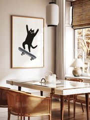 Whimsical black cat illustration on a skateboard with arms raised, on a white background. Skateboard Cat Print. - Image 2