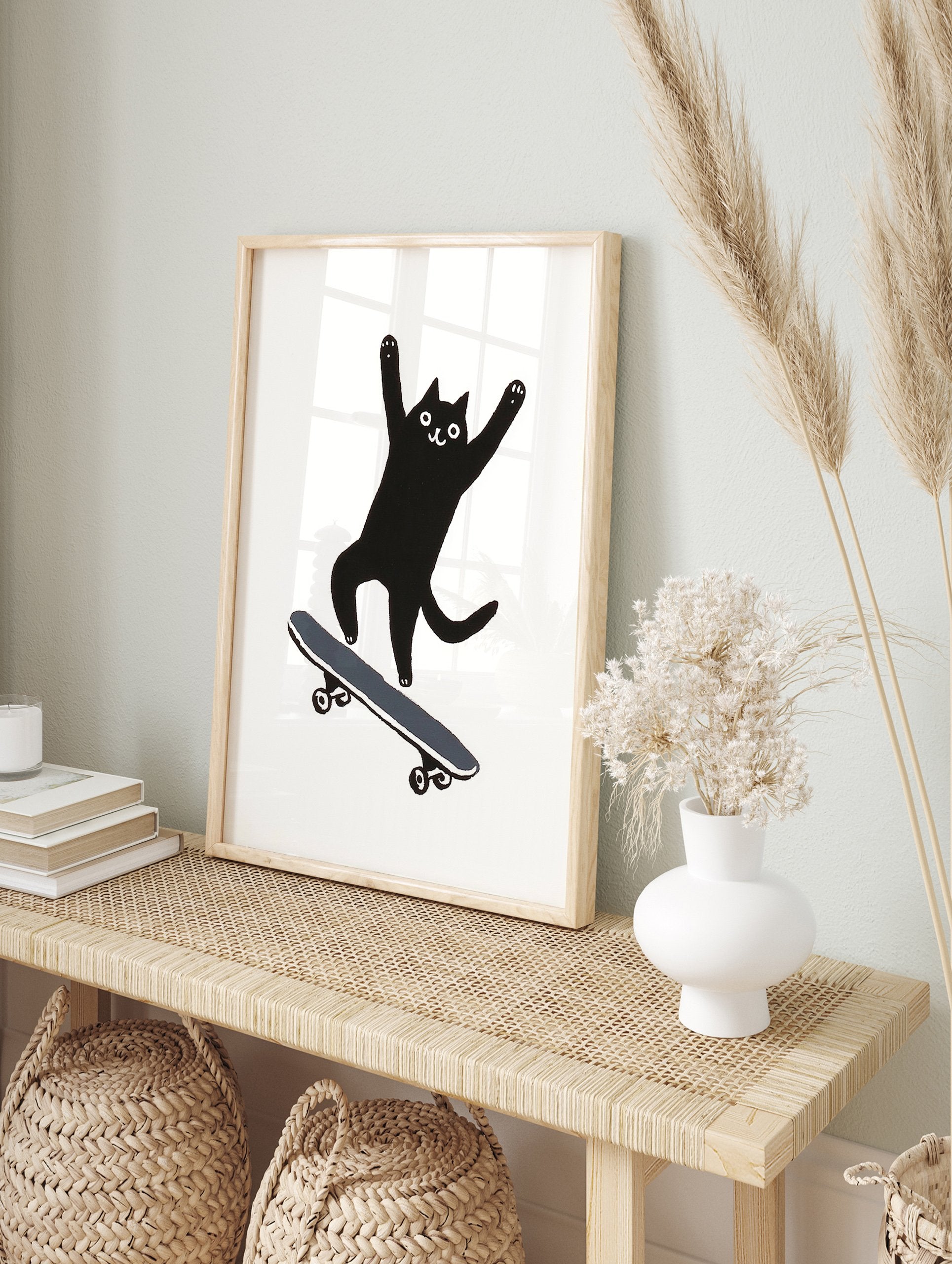 Whimsical black cat illustration on a skateboard with arms raised, on a white background. Skateboard Cat Print. - Image 3
