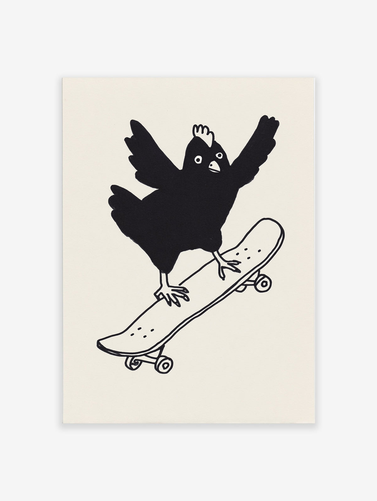 Black and white illustration of a cartoon chicken balancing on a skateboard, wings outstretched, Skateboarding Chicken Print