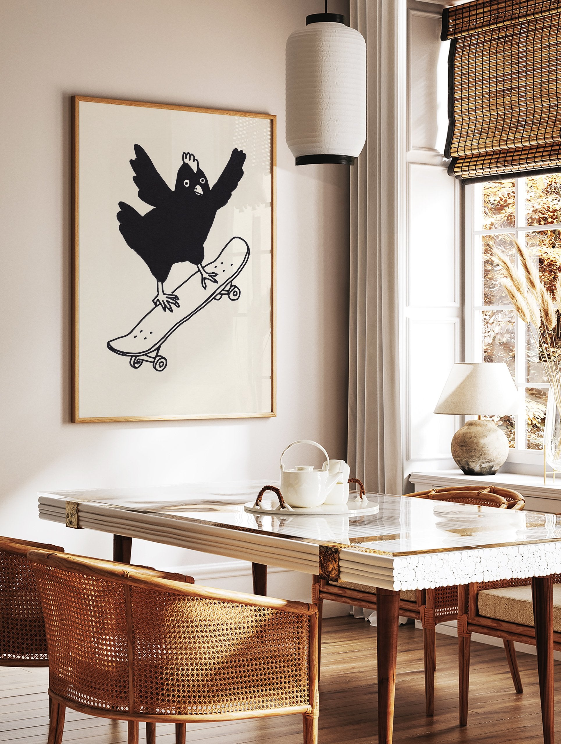 Black and white illustration of a cartoon chicken balancing on a skateboard, wings outstretched, Skateboarding Chicken Print - Image 2