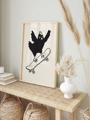 Black and white illustration of a cartoon chicken balancing on a skateboard, wings outstretched, Skateboarding Chicken Print - Image 3