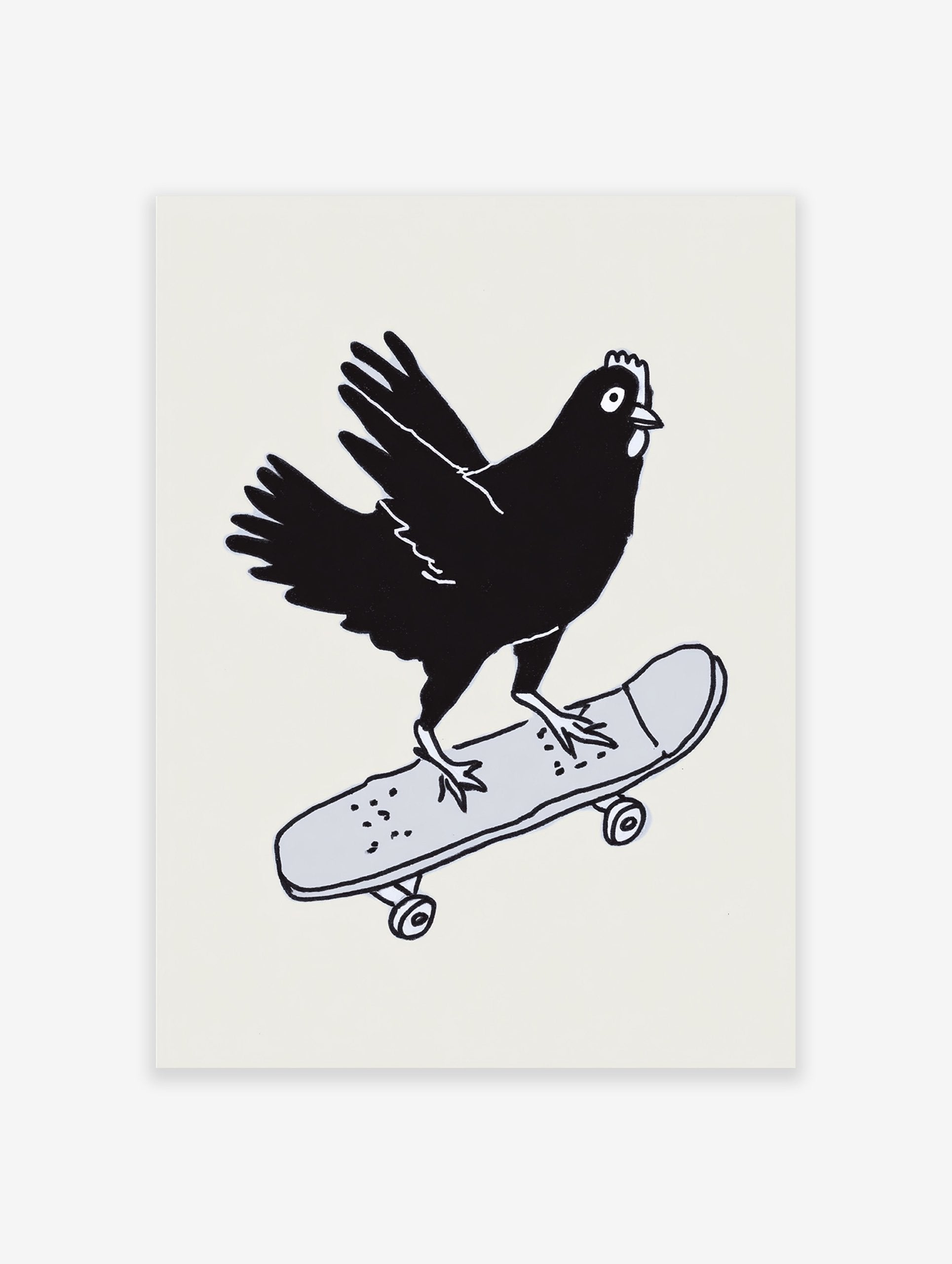 Black chicken riding a grey skateboard illustration art print on a light background, quirky skateboarding chicken wall art