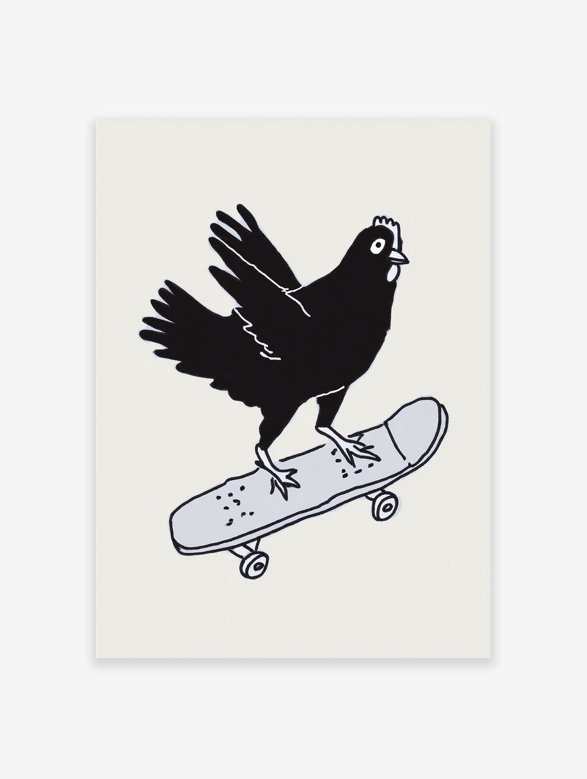 Black chicken riding a grey skateboard illustration art print on a light background, quirky skateboarding chicken wall art