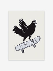Black chicken riding a grey skateboard illustration art print on a light background, quirky skateboarding chicken wall art
