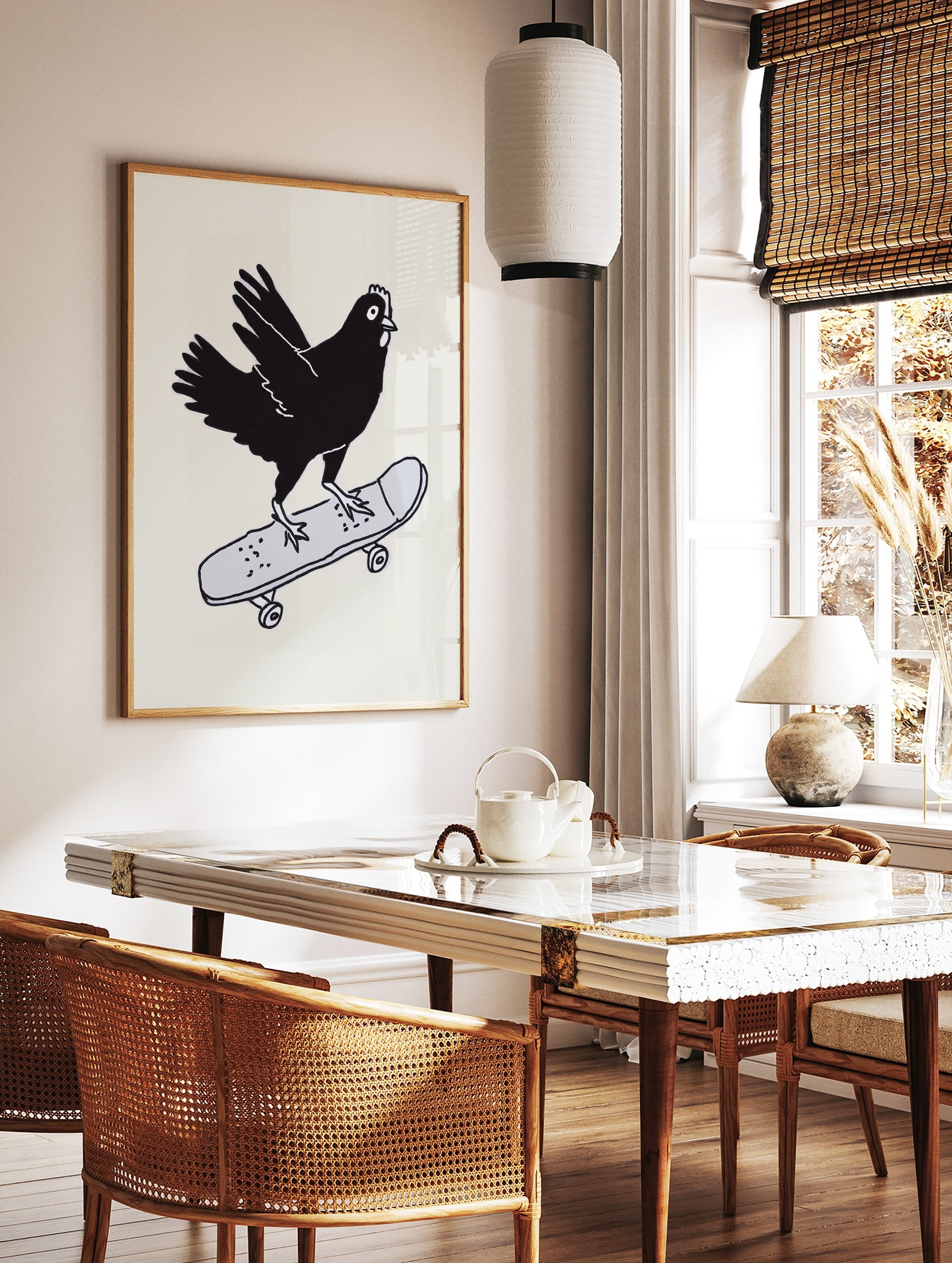 Black chicken riding a grey skateboard illustration art print on a light background, quirky skateboarding chicken wall art - Image 2