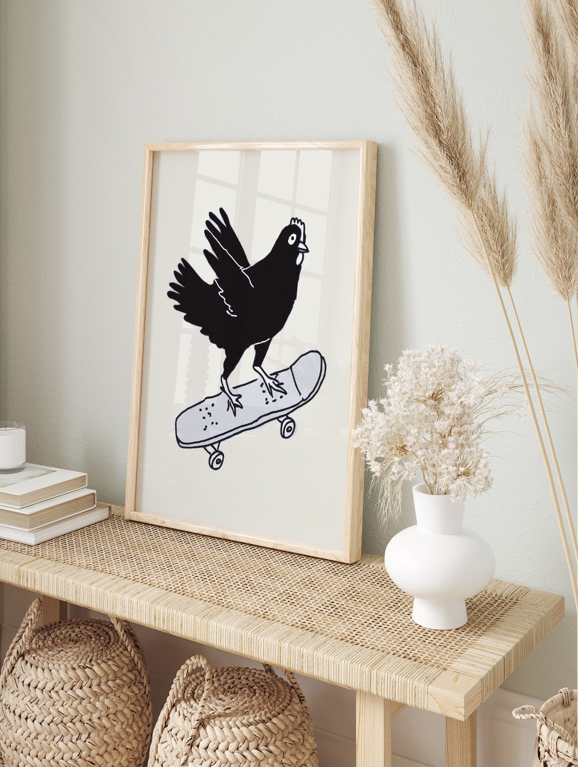 Black chicken riding a grey skateboard illustration art print on a light background, quirky skateboarding chicken wall art - Image 3