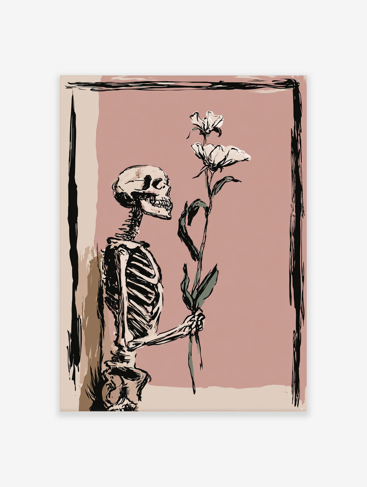 Skeleton holding a white flower on dusty pink background, gothic botanical art print
