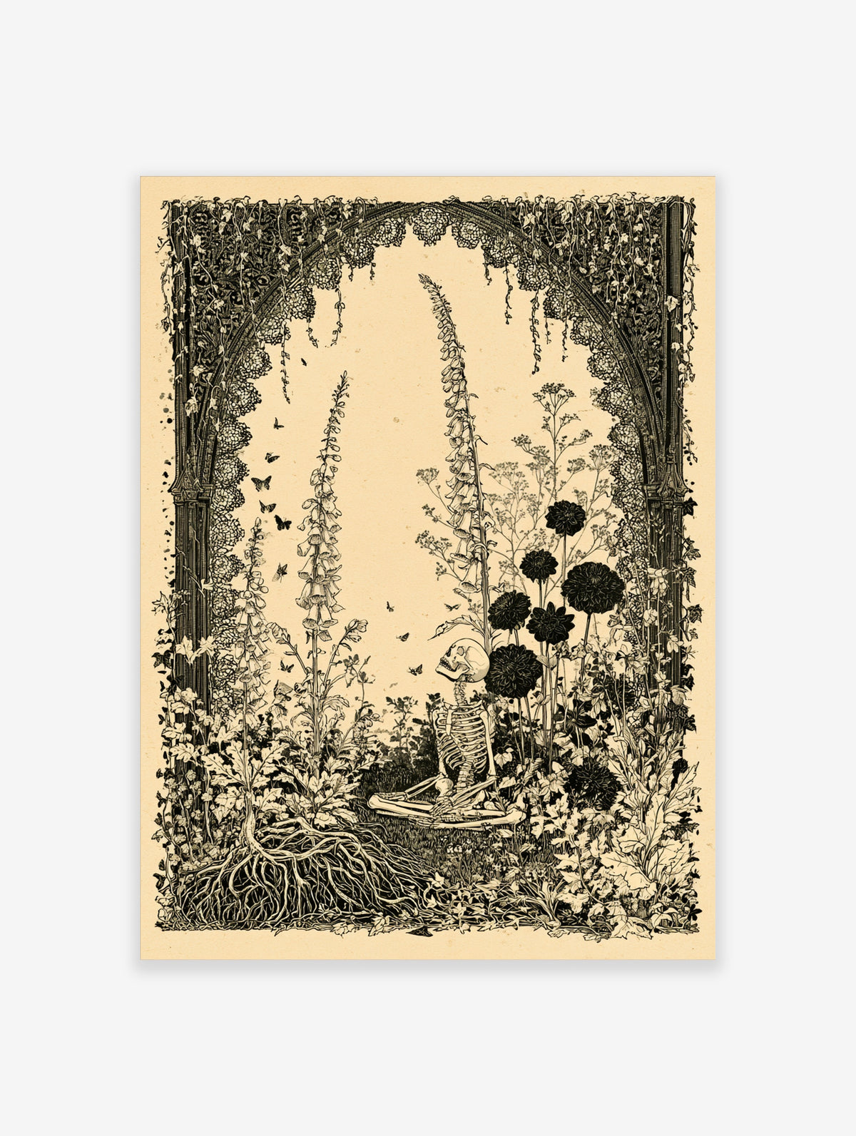 Skeleton seated in garden arch with foxgloves and dark flowers, black and white illustration